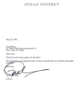 Oprah Winfrey letter to Lisa Rhyne