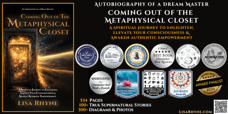 Image of book cover "Coming Out of The Metaphysical Closet" with awards won as of May 2025